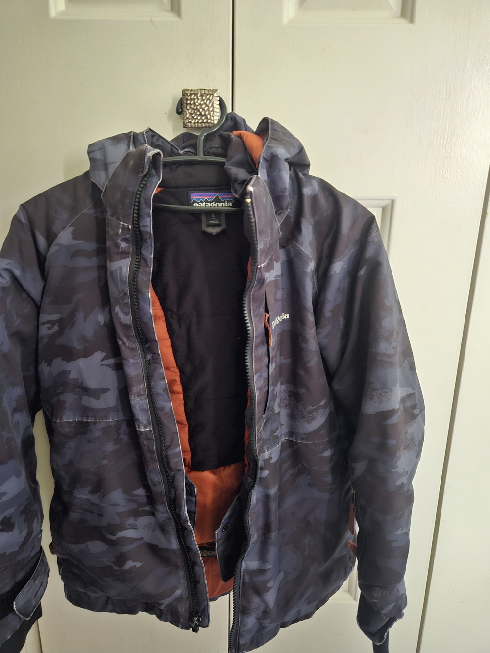 Patagonia Men's Navy Camo Hooded Jacket with Orange Lining